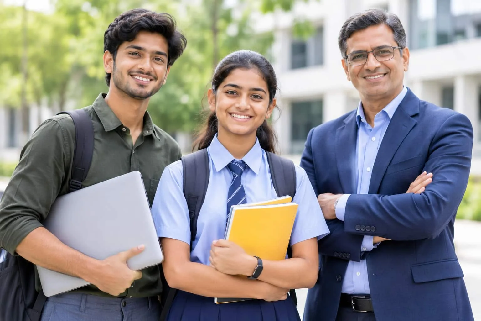 smiling-indian-male-student-holding-laptop-schoolgirl-in-uniform-holding-books-and-male-mentor-in-blue-suit-standing-outdoors