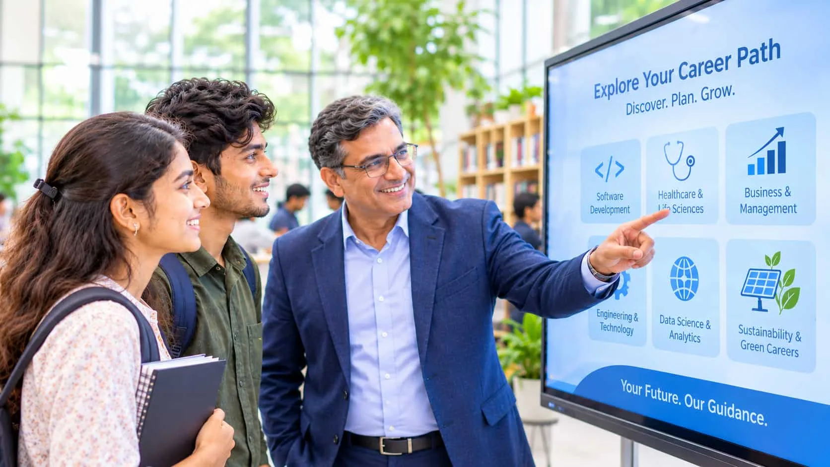 a-professor-or-career-counselor-in-a-blue-blazer-pointing-to-a-digital-touchscreen-displaying-explore-your-career-path-options-such-as-software-development-healthcare-business-and-sustainability-while-two-students-look-on-attentively
