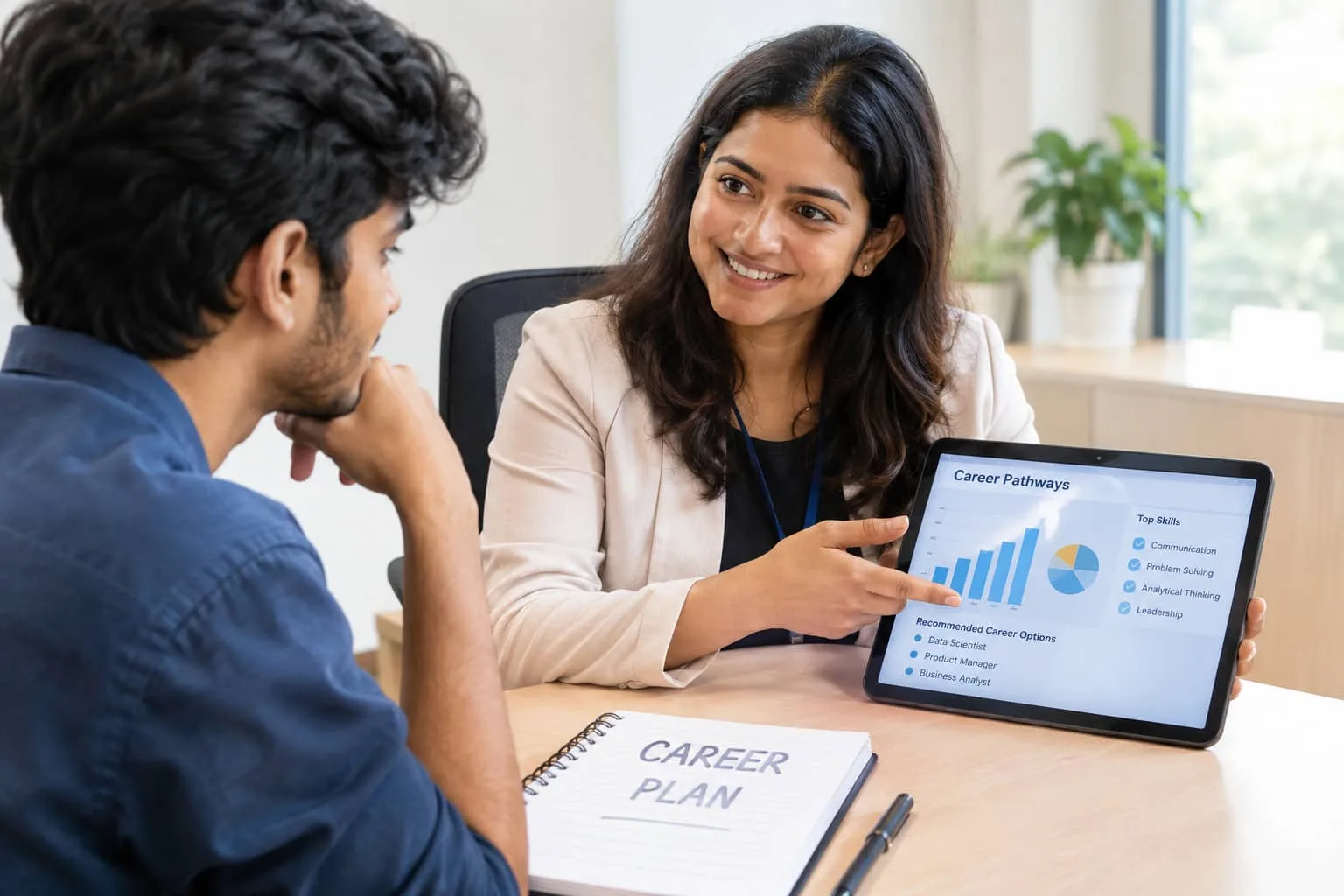 female-career-counselor-showing-career-pathways-chart-on-tablet-to-male-student-during-guidance-session